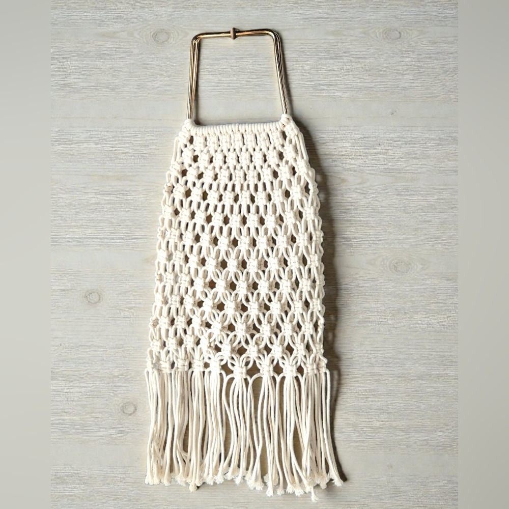Macrame Fringed Clutch Hand Bag Ivory Metal Handle Boho Hippie Beach Woven Purse - Picture 1 of 8